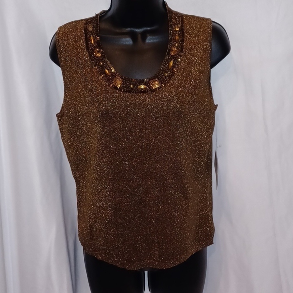 Joseph A. Womens Sz L Gold Brown Glittery Sleeveless Beaded Accent Blouse Shirt